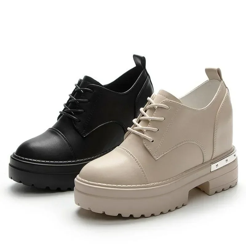 

9cm Women Boots Shoes Genuine Leather heel Platform Wedge Spring Autumn Women Casual Shoes Sneakers Slip on Slipony Booty