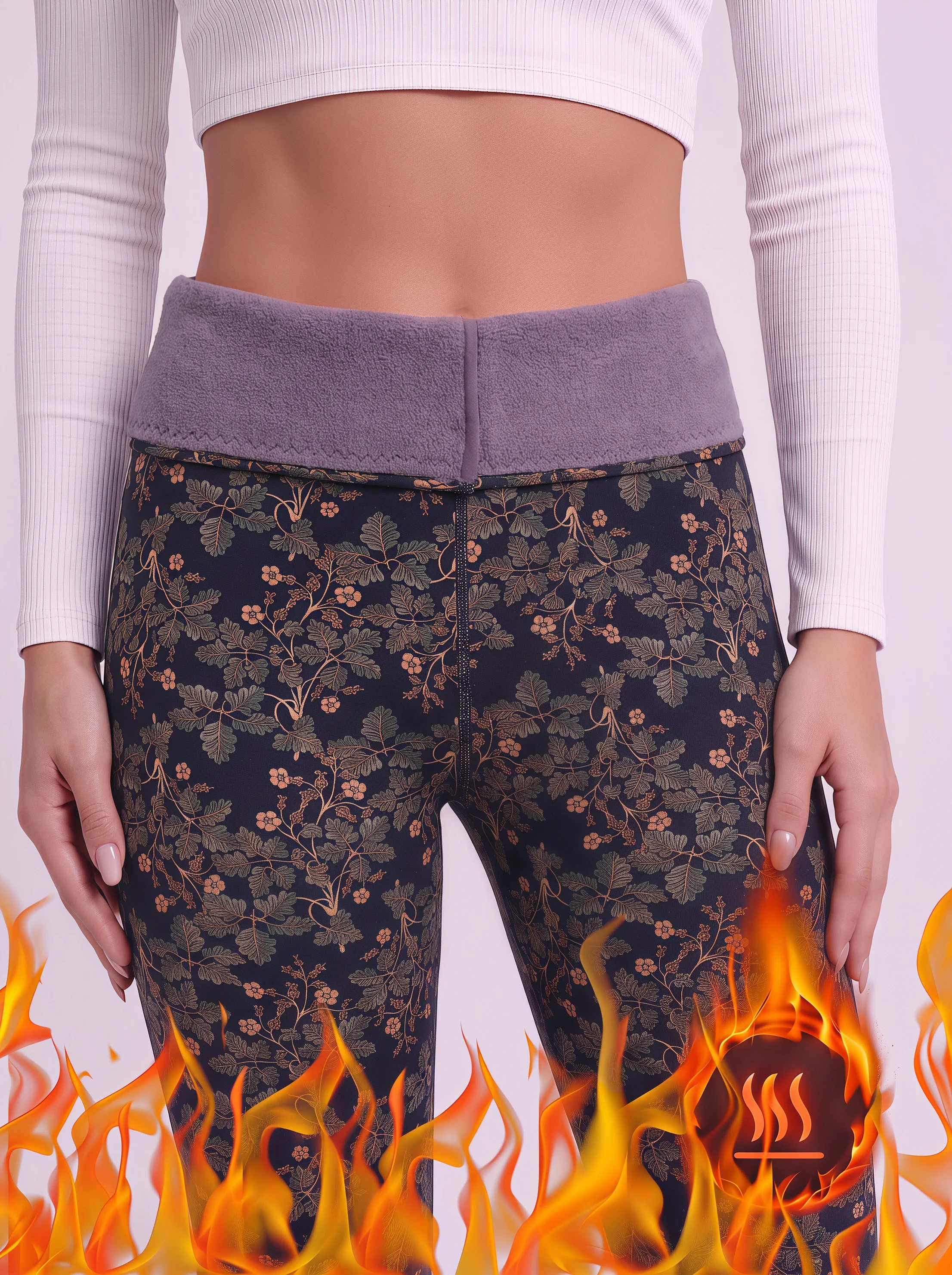 Women's Navy Retro Botanical Floral Fleece Lined Leggings High Waist Lined High Elastic Skin Friendly Slim Warm Tight Pants