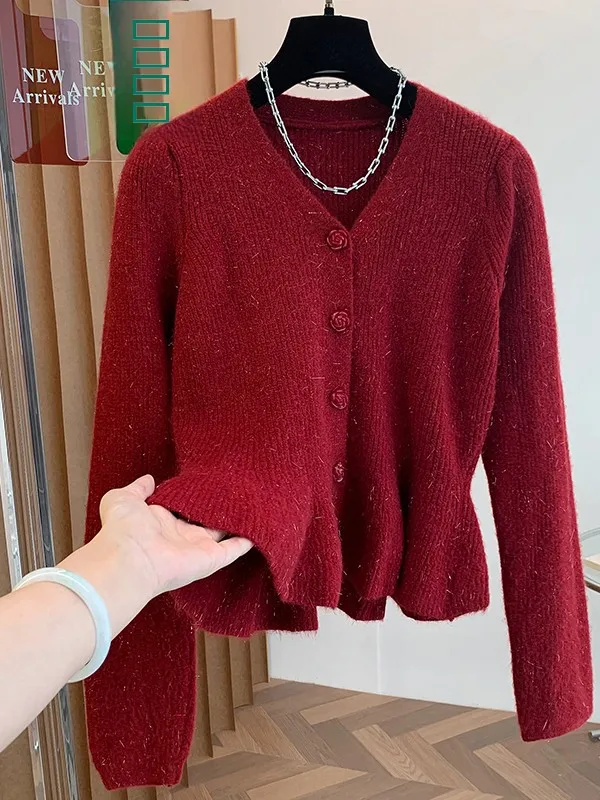 

Red Long Sve Knitted Sweater V-Ne iny Tead Slimming Waist Design Casual Sle Women's plus Size Faion Top