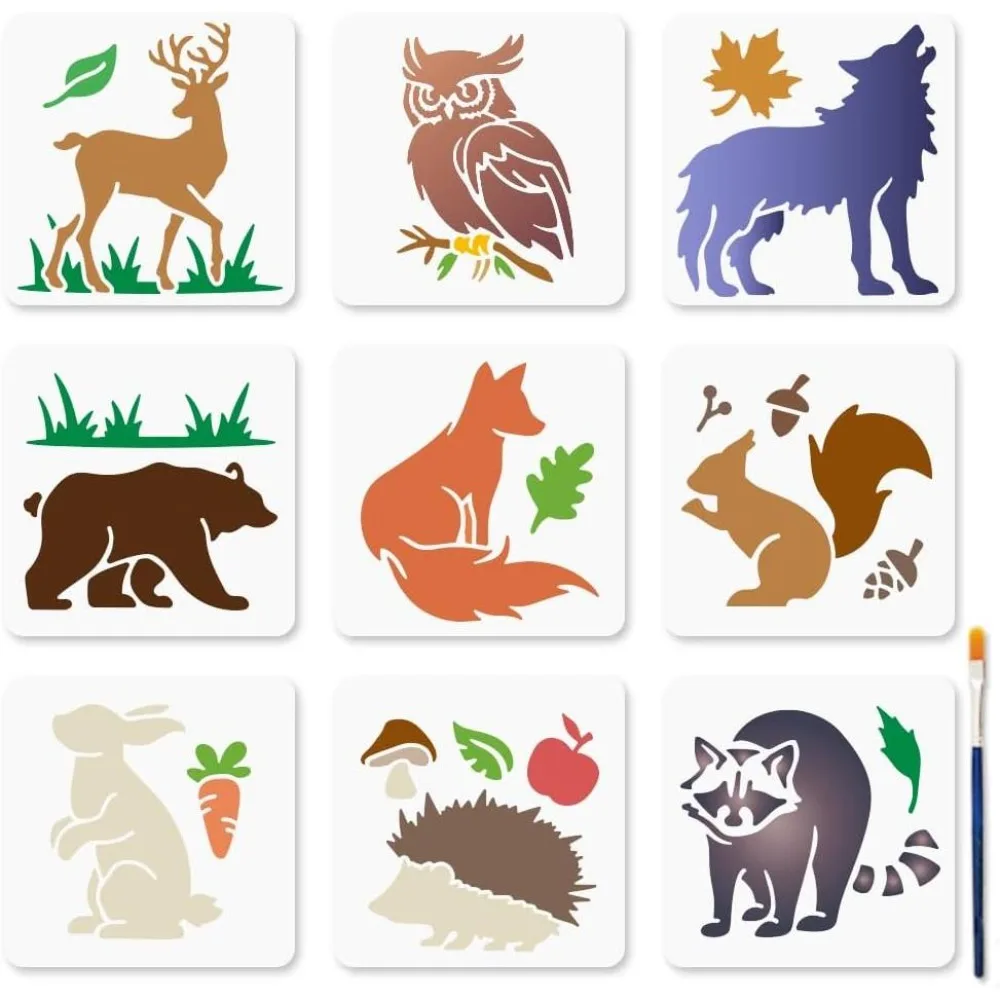 9Pcs Forest Animal Stencils 6x6inch Deer Bear Owl Wolf Template Reusable Hedgehog Raccoon Fox Squirrel Rabbit