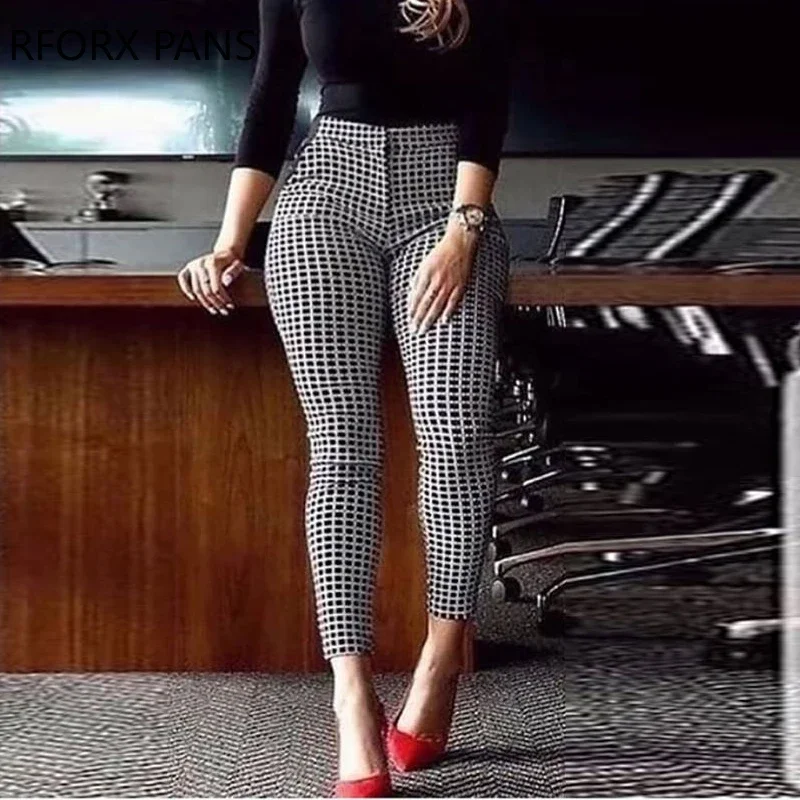 Women High Waist Houndstooth Print Skinny Feet Pants Casual Pants Fashion Pants
