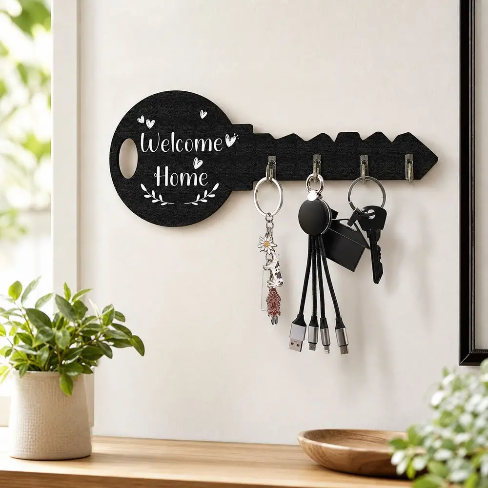 Wood Wooden Key Holder Key Shaped Rustic Style Wall Key Rack Metal Hooks Bohemian Style Key Hook Organizer Entryway Organization