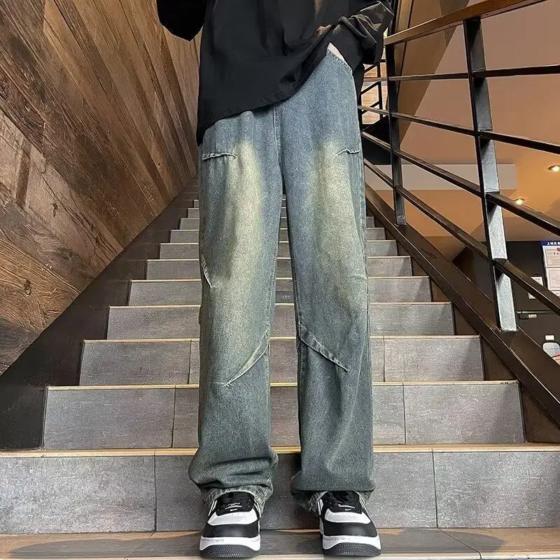 

Мужские джинсы в стиле ретро, зимние, модные, брендовые, плиссированные, прямого кроя, свободные, широкие, длинные брюки, универсальные, в уличном стиле