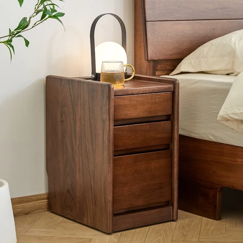 Nordic black walnut with insert board bedside table, all solid wood small apartment, very narrow removable bedroom storage cabin