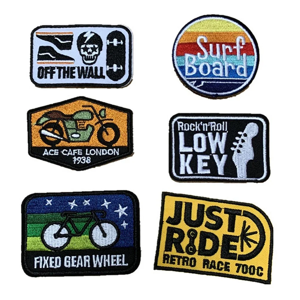 Patches bordados para roupas e bolsa, Emblema da motocicleta, Gancho e Loop, Carta engraçada pano adesivos, Applique de bicicleta