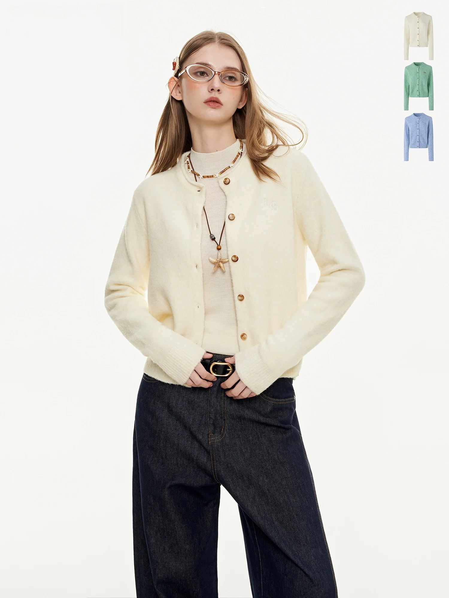 

MoodBerry American Retro Wool Blend Knitwear Cardigan Women's ort Top round Ne Sweater Autumn Winter Warm Thermal Faion