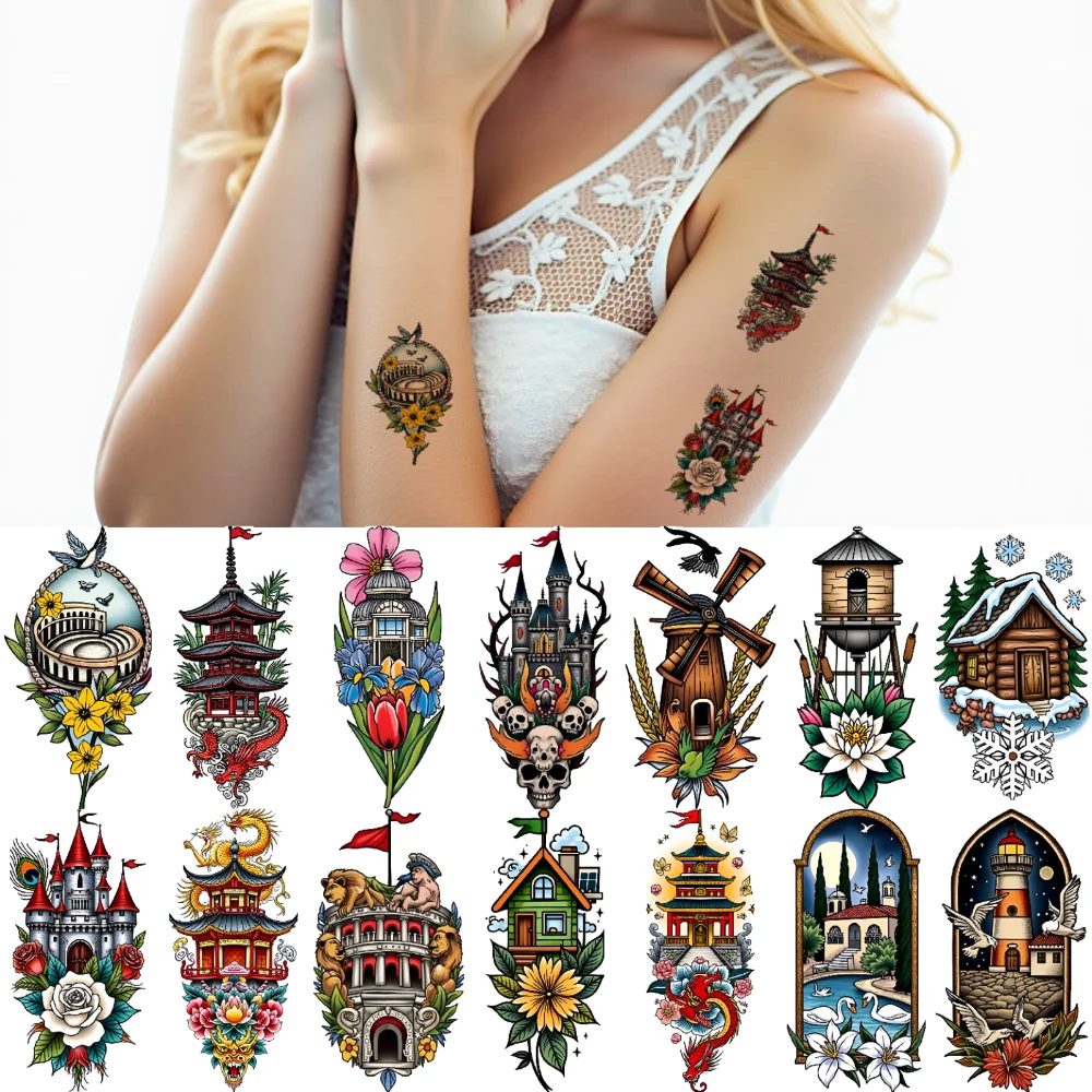 

28pcs Temporary Tattoo Decorative Stickers New School Traditional Scenic Stickers Waterproof Long-lasting Body Stickers For