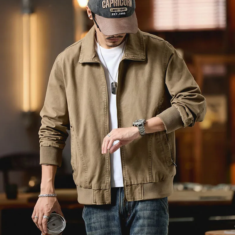 

American Retro Workwear Jaet Men's Loose Casual Versatile Collared Outerwear Trendy Cotton Stand Fit Long Sve Zipper