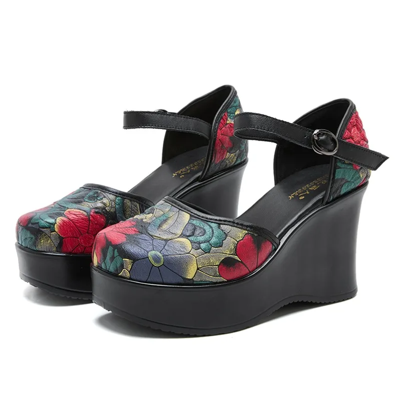 

Fujin удобные туфли на танкетке, женские туфли на плоской подошве с вулканизированной пряжкой, летние этнические туфли с принтом коровьей натуральной кожи 8 см