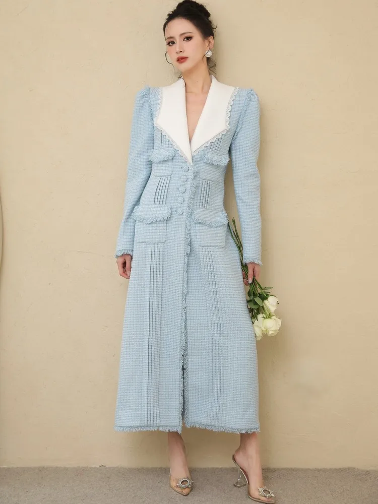 Designer Elegant Office Ladies Slim Fit Tweed Woolen Coat Single Breasted Pleated Autumn Overcoat Fashion Women Long Outerwear