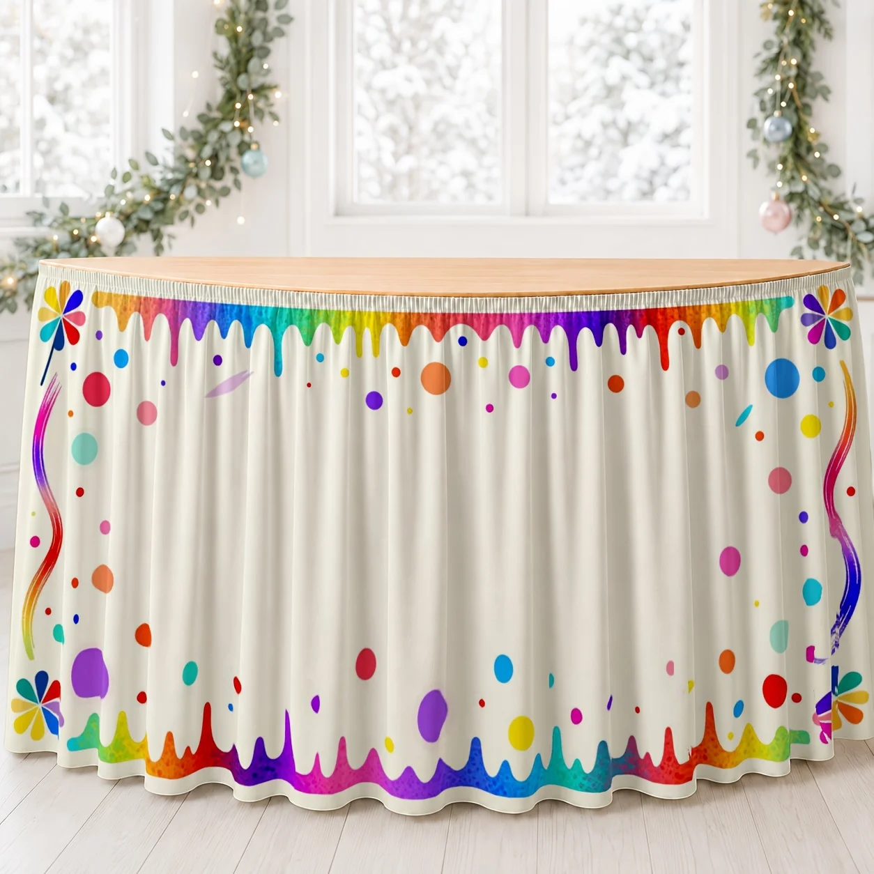 Table skirt / tableskirt - 1-piece set. Colorful rainbow sequin table skirt with floral trim.