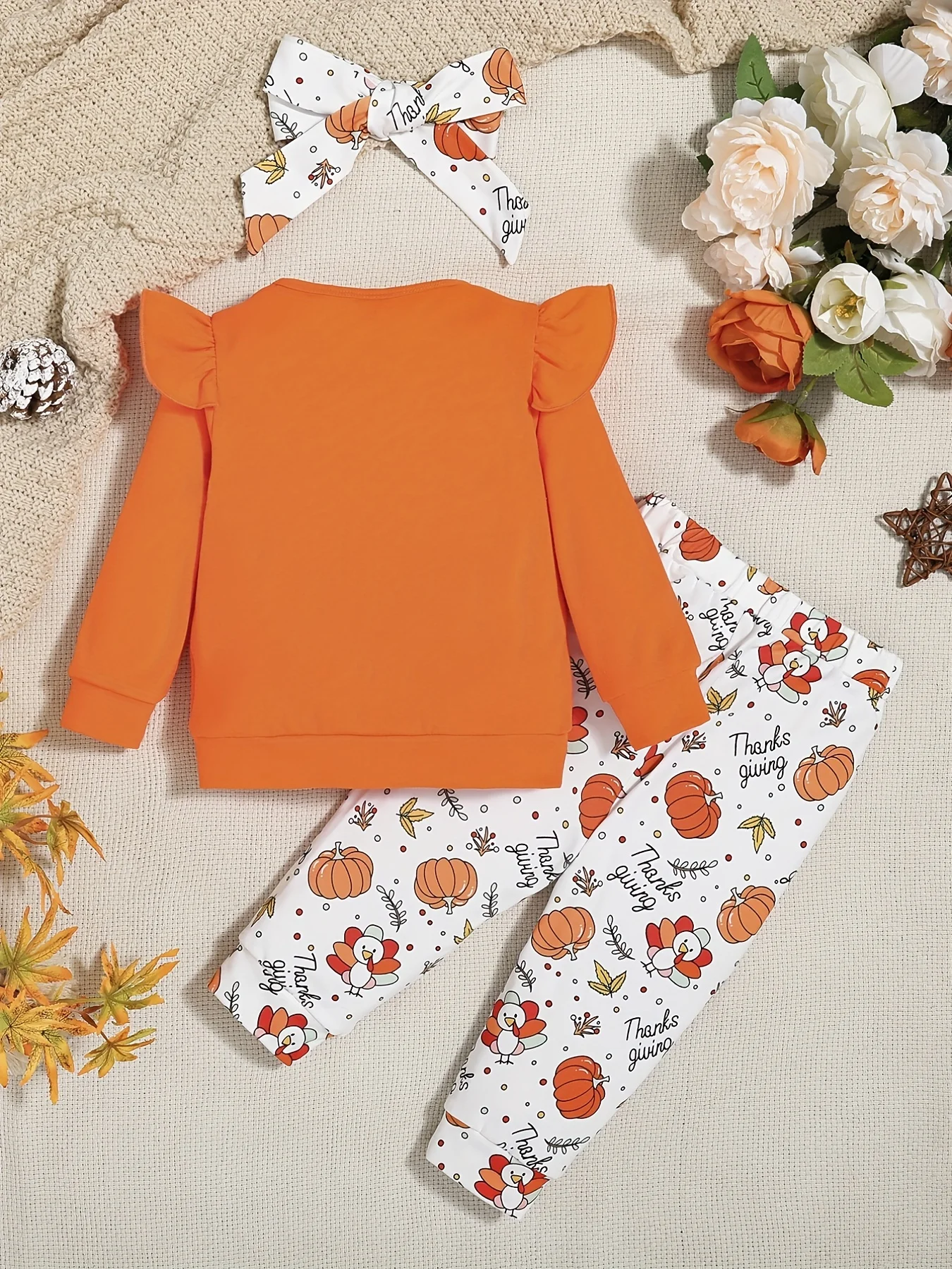 Girls Thanksgiving Pumpkin Print Three-Piece Set Cute Baby Outfit for Thanksgiving Day