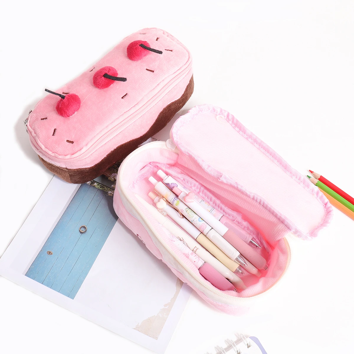 New Plush Cherry Cake Pen Bag Large Capacity Pencil Case Students Multifunction Stationery Bag For School Office , Decoration