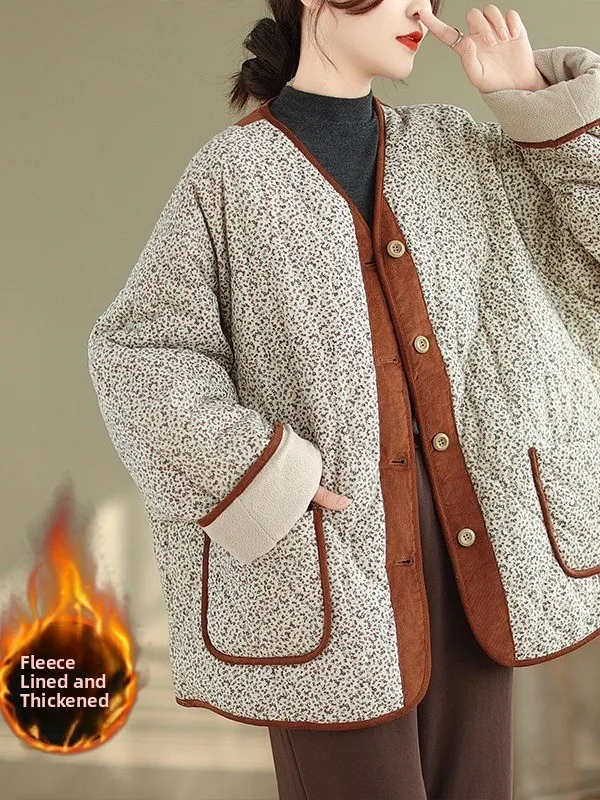 

Милая хлопковая куртка в стиле ретро с цветочным принтом, женское теплое свободное универсальное корейское длинное свековое круглое пальто контрастного цвета