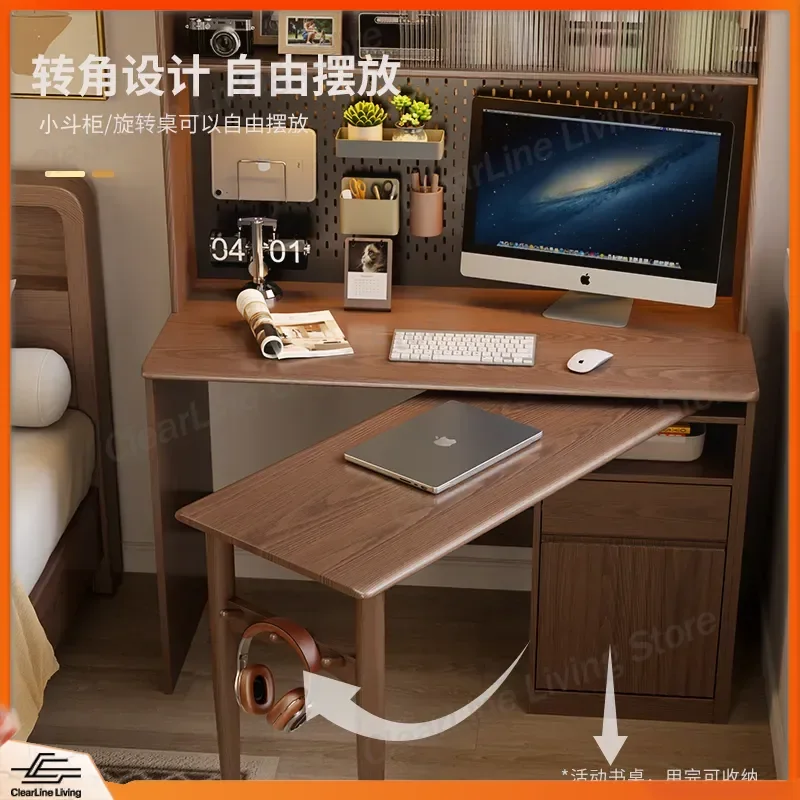 Solid Wood Corner Folding Desk L Shaped Rotating Computer Table with Bookshelf Space Saving Wall Mounted Study Desk for