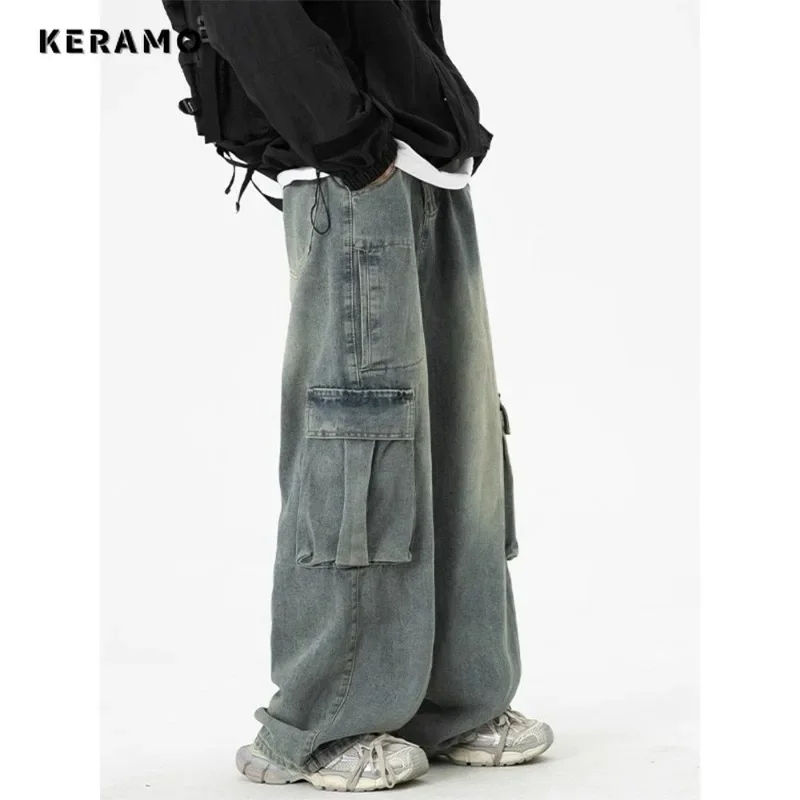 

American Retro Blue High Waist Oversized Jeans Women Casual Baggy Pocket Y2K Cargo Pants Wide Leg Grunge Street Denim Trouser