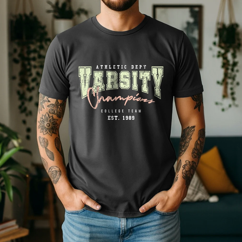 New Summer Men's 100% Cotton Short Sleeve T Shirt Retro Varsity Champions Slogan Print Breathable Vintage Casual Daily Tees