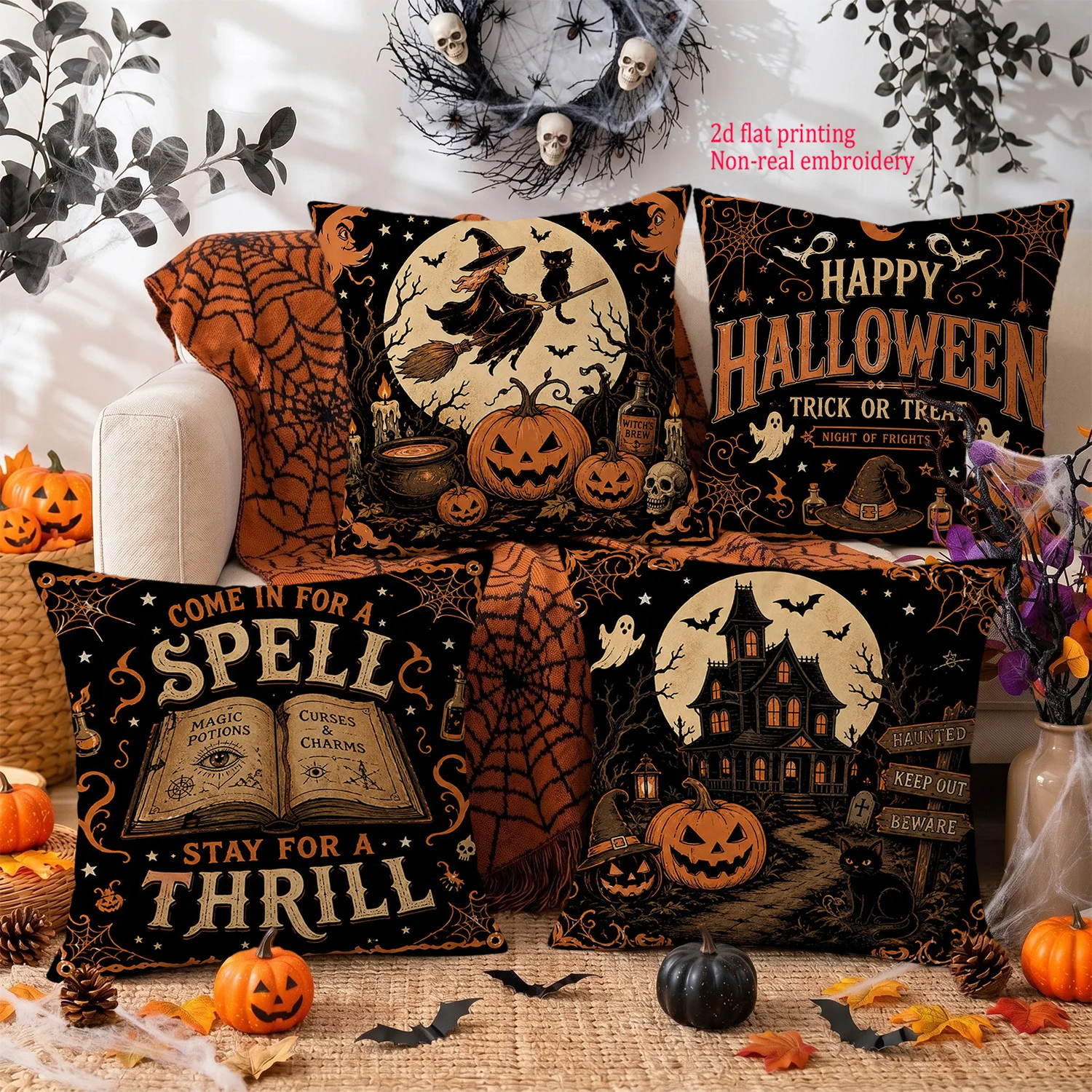 2D Flat Vintage Halloween Throw Pillow Covers, Spooky Season Decor for Sofa Bed, Farmhouse Decoration for Autumn Halloween Chris
