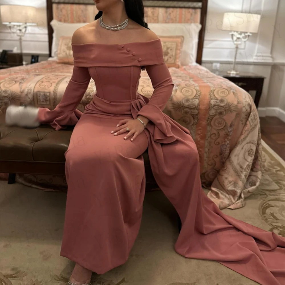 Maßgeschneiderte gerade Ballkleider, bodenlang, U-Boot-Ausschnitt, volle Ärmel, Abendkleid, modisches, drapiertes Cocktailkleid mit Rüschen und Knöpfen
