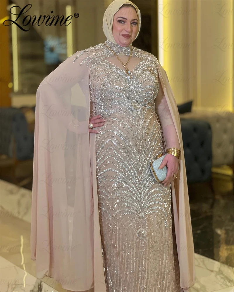 Elegant Sparkly Crystals Muslim Middle East Evening Dresses Champagne Long Cape Sleeve Plus Size Mother of The Bride Party Dress