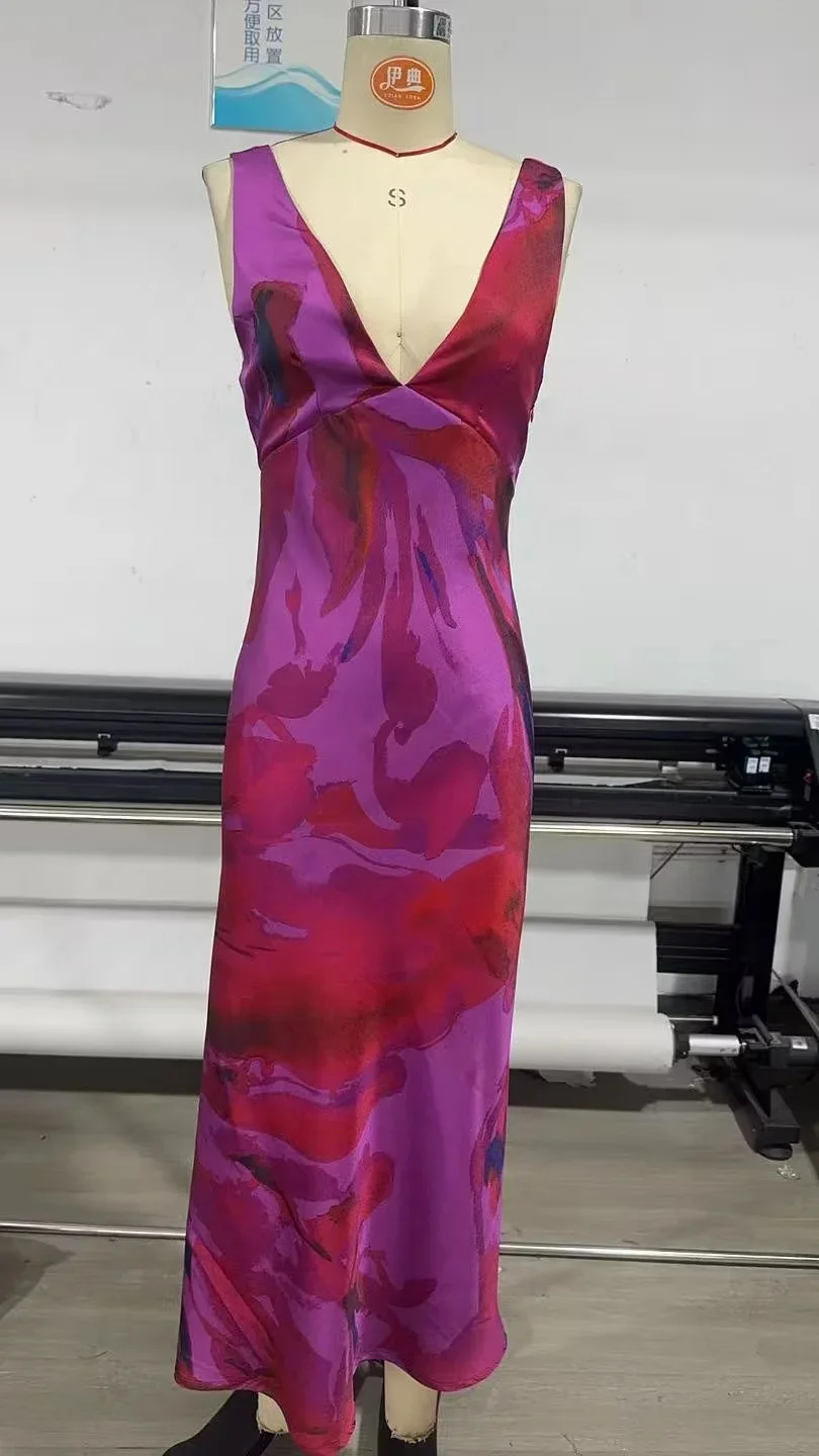 KONDALA 2025 春夏 エレガント レディース ワンピース ファッション プリント Vネック バックレス ノースリーブ ジッパー キャミ ストレート レディース ワンピース