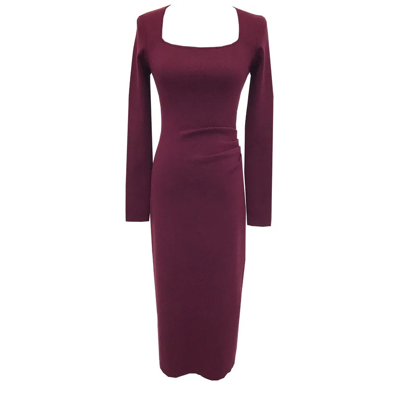 7818 Autumn Winter 14 Needle High Twist Cotton Not Easy To Deform~Square Collar Waist Pleated Split Hip Wrap Long Dress