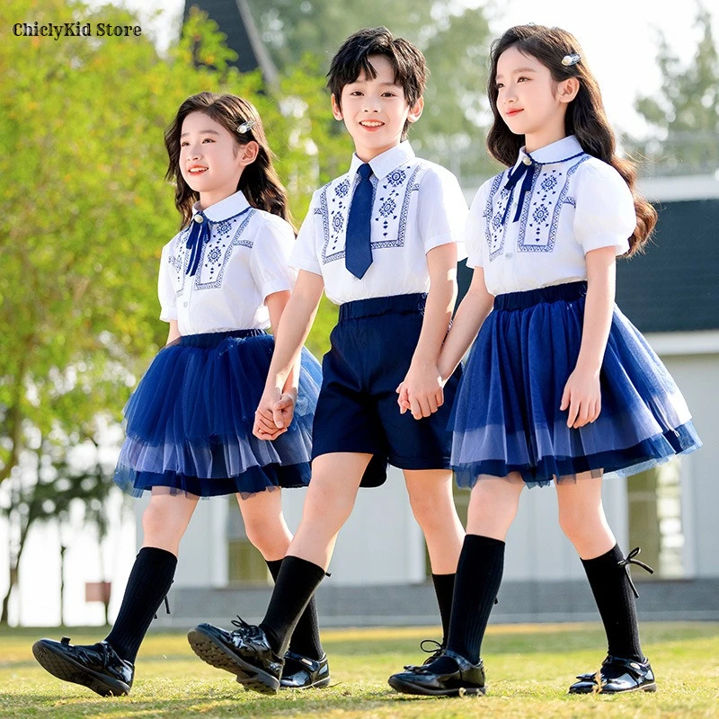 Girls Preppy Blue and White Blouse Skirts Boys Shirt Shorts Kids British Clothes Sets Children Summer Toddler School Uniforms