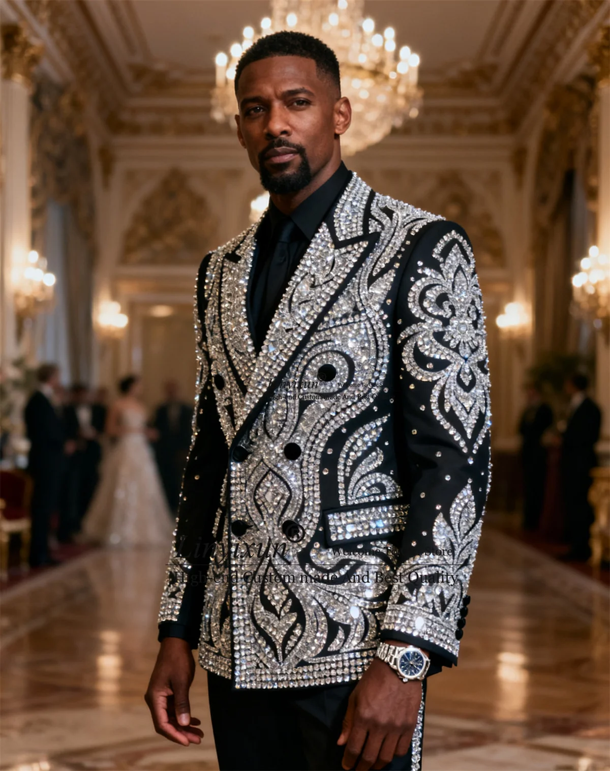 

Luxury Rhinestone Diamond Wedding Suits For Men 2 Pieces Sets Groom Male Blazers Customized Double Breasted Tuxedos Ropa homre