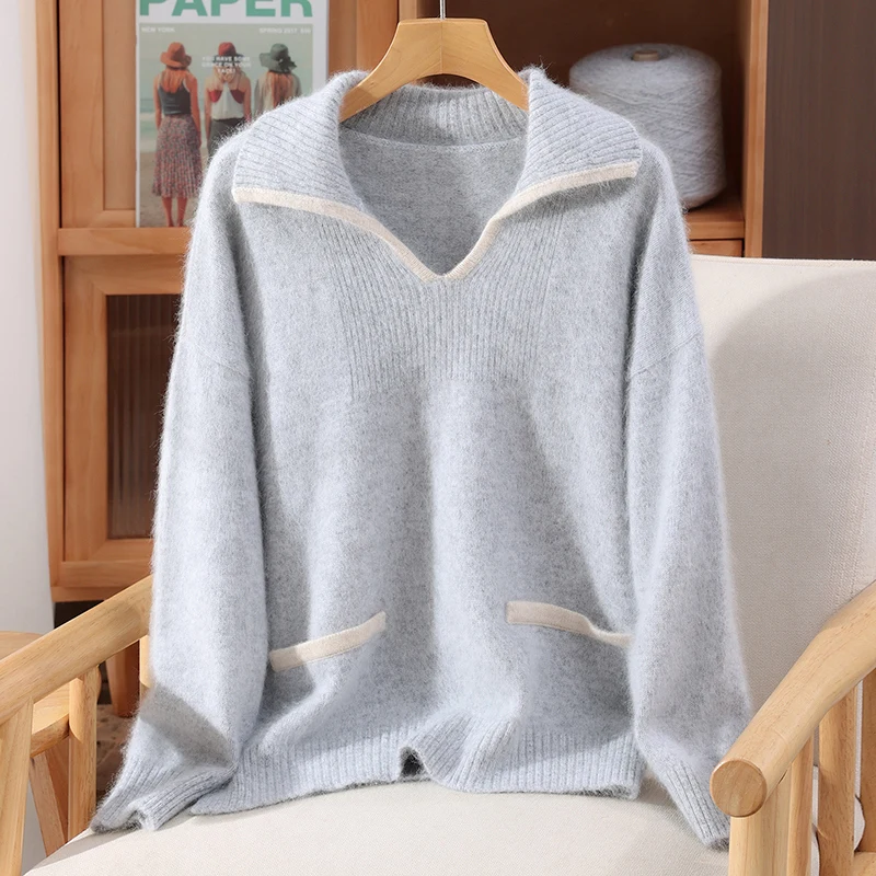 Chic Preppy Style Turn-Down Collar 100% Mink Cashmere Women's Pullovers Basic Soft Warm Casual Loose Pocket Sweater Tops