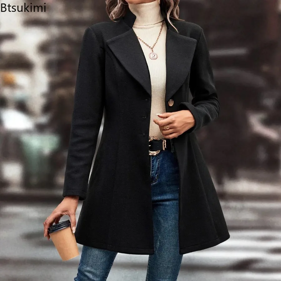New Women's Temperament Korean Version Lapel Pure Color Slim Fit Versatile Mid-Length Coat Autumn Winter Fashion Lady Clothing