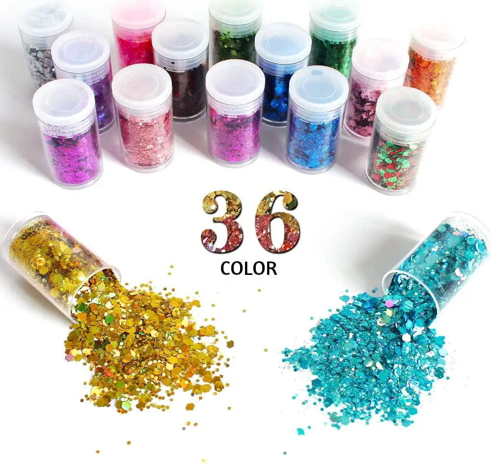 36 Colors Holographic Chunky Glitter, Set of Craft Glitter Sparkle Sequins,Glitter ，Nail Arts, Wedding Festival Party Decoration