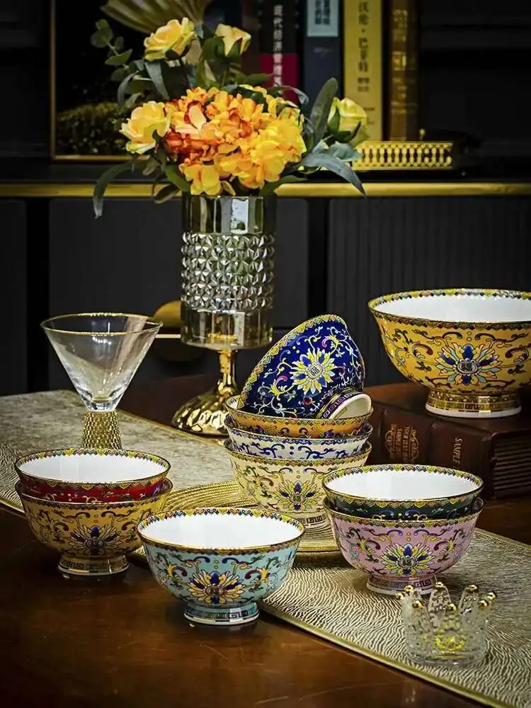 Bone China Dining Bowl Enamel Colored Chinese High Footed Rice Noodles Soup Bowl Tablewear