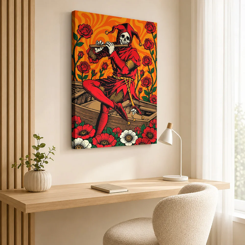 Skeleton Jester With Flute Framed Canvas Poster Personalized Photo Detailed Illustration Wall Art For Bedroom Listening Corner