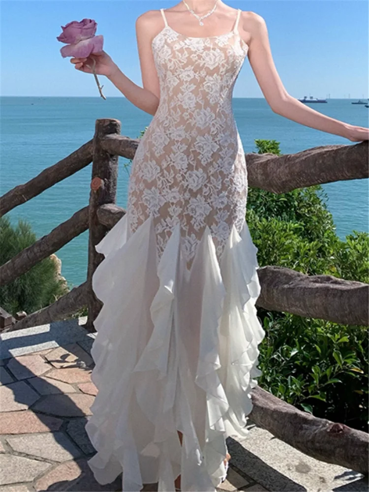 프랑스 우아한 러플 밑단 머메이드 롱 이브닝 파티 드레스 여름 레이스 화려한 슬래시 넥 백리스 스플릿 타이트 칵테일 드레스