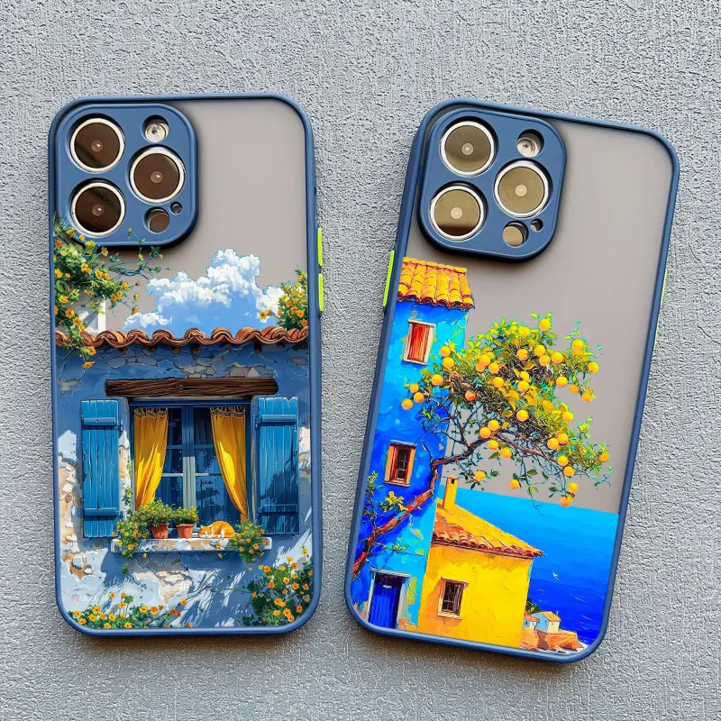 Coque de téléphone paysage de scène de maison de Villa de vacances pour iPhone 16 12 13 14 11 15 Pro Max Mini Plus XR XS X 7 8 étui de paysage de dessin animé