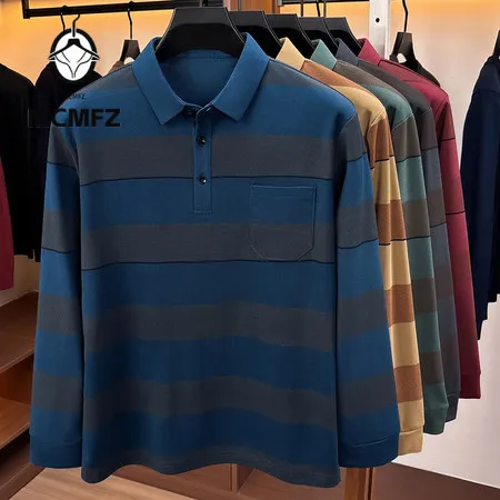 Office Daily Long Sleeve Polo Men Lapel Neck Striped Texture Fabric Clean Placket Design Versatile Casual Wear