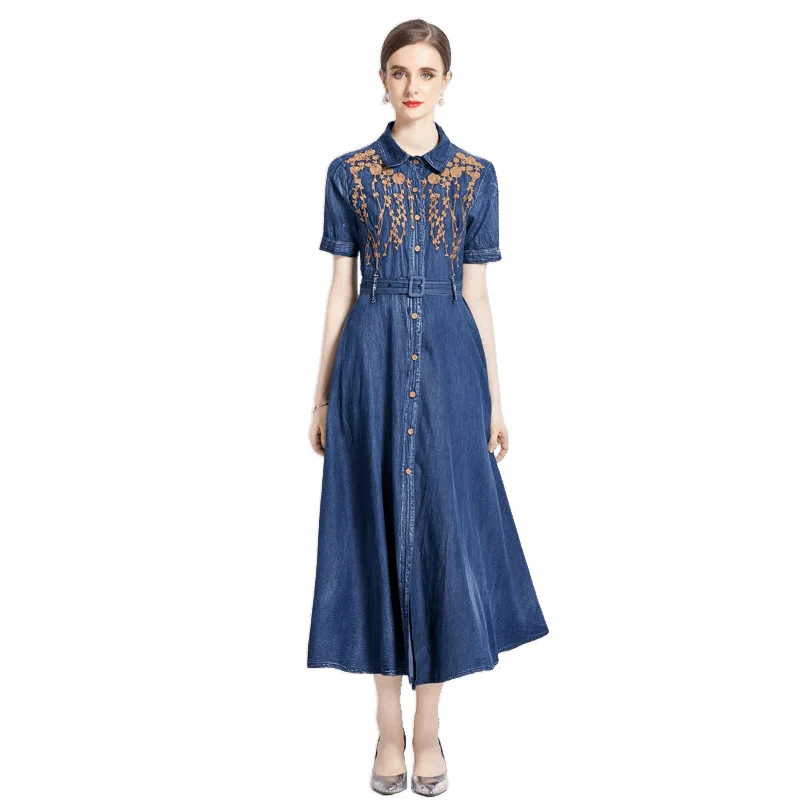 Été 2023 Denim brodé Dr minceur taille haute ort Sve longue Dr Ele Sle femmes Faion jupe décontractée