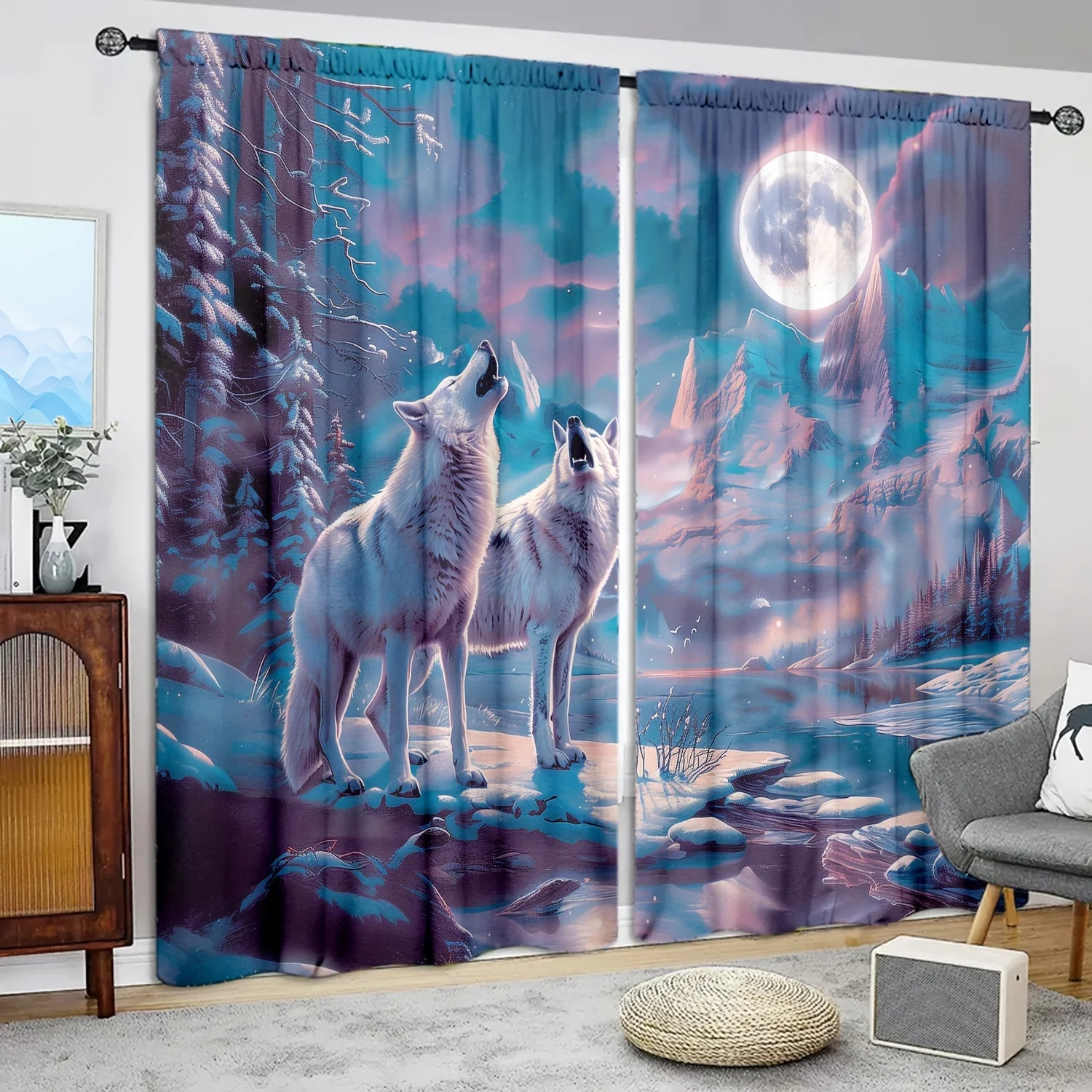 Dramatic Wolf Moon Fantasy Curtain Panels Blue Purple Forest Decor Window Drapes Bohemian Aesthetic Bedroom Living Room