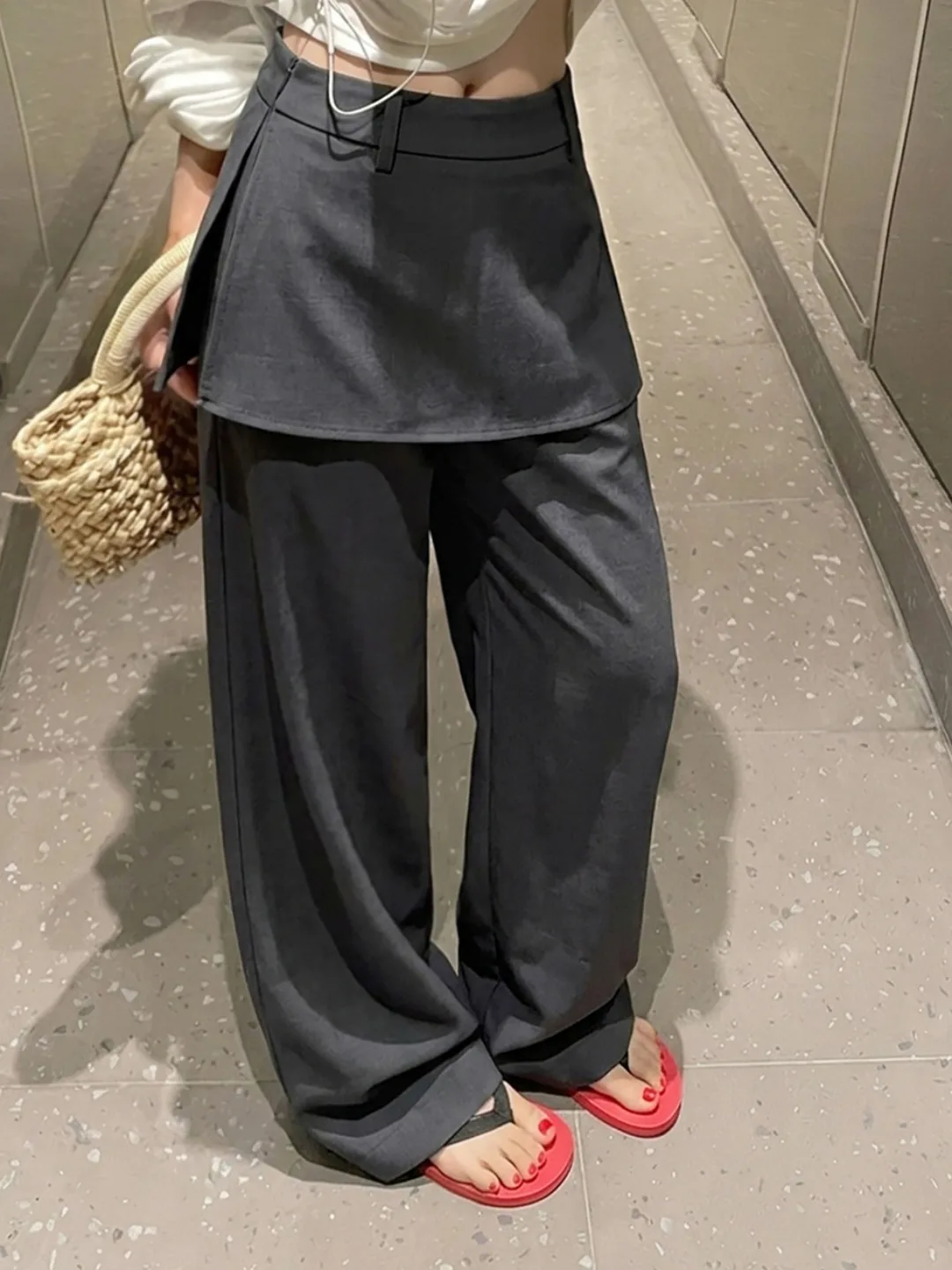 Gray Suit Casual Pants Women's High Waist Drapey Straight Leg Loose Long Trousers False Two-Piece Suit Commute Style Korean F...