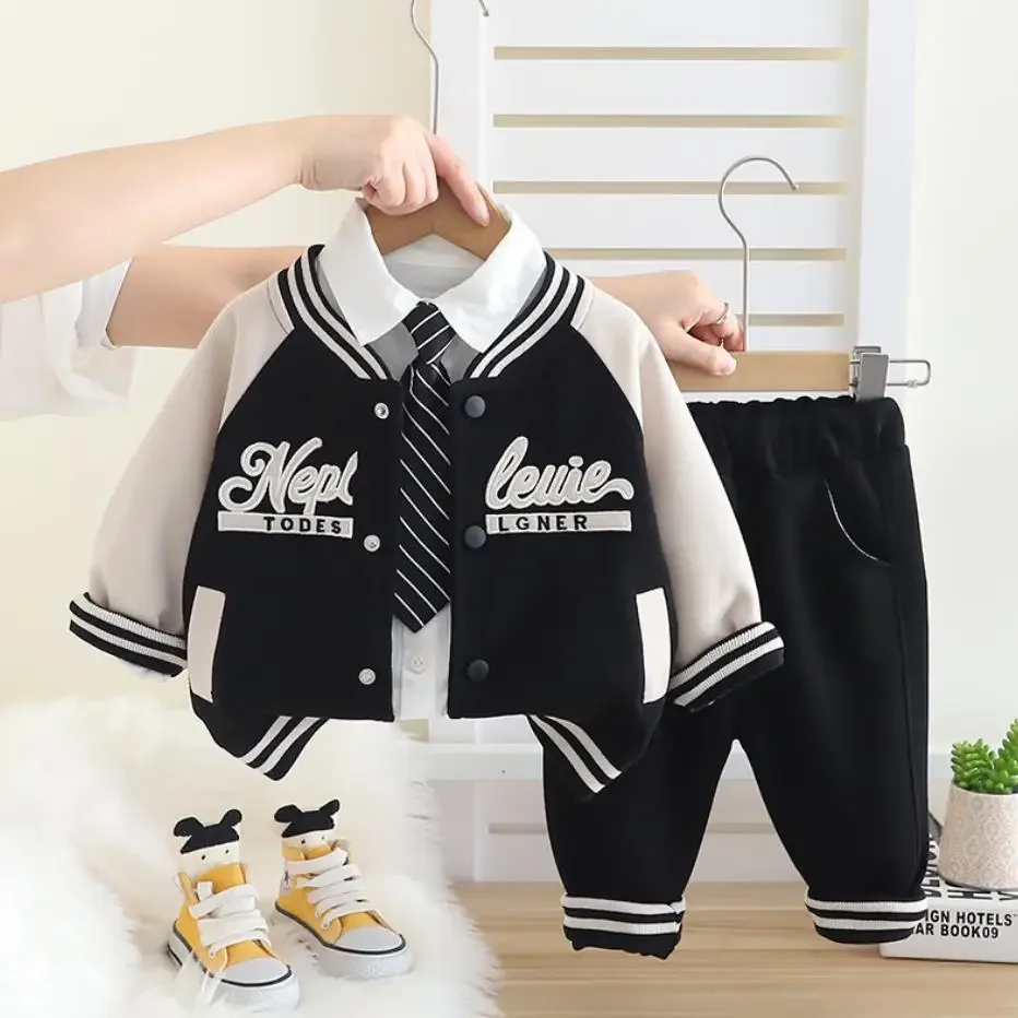 

Children Designer Clothing Suits Spring Autumn Baby Boys Outfits Set Embroidered Lettered Baseball Jacket+Shirt+Pant Tracksuits