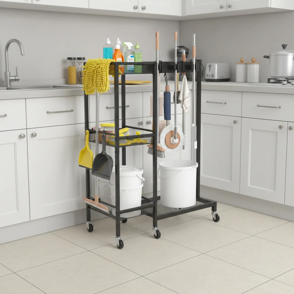 

Cleaning Trolley with Storage, 6 Wheels Mobile Utility Cart for Mop Broom Bucket Organizer Laundry Room