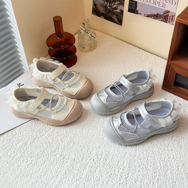 Kids'Casual Shoes Sneakers Mesh Bow Spring Shoes For Girls Hook and Loop Anti-slip Soft Bottom Silver Beige Shoes Size 23-37