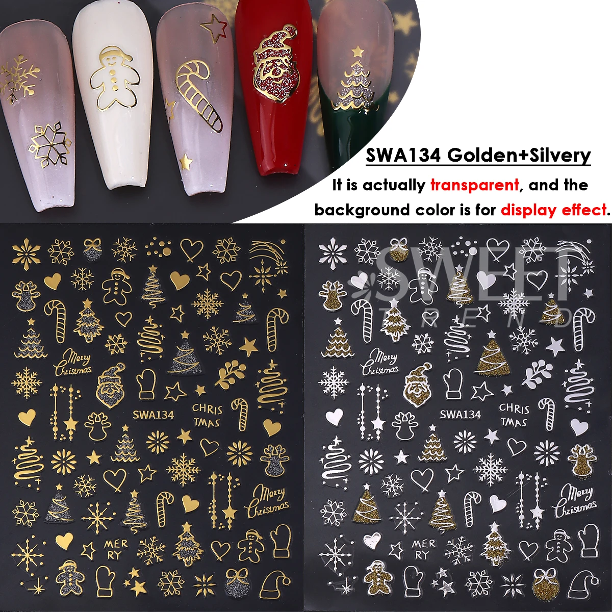 2 Stück Gold Silber Weihnachten 3D Nagelaufkleber Reflektierender Glitzer Weihnachtsbaum Lebkuchen Schneeflocken Klebeaufkleber Winter Maniküre