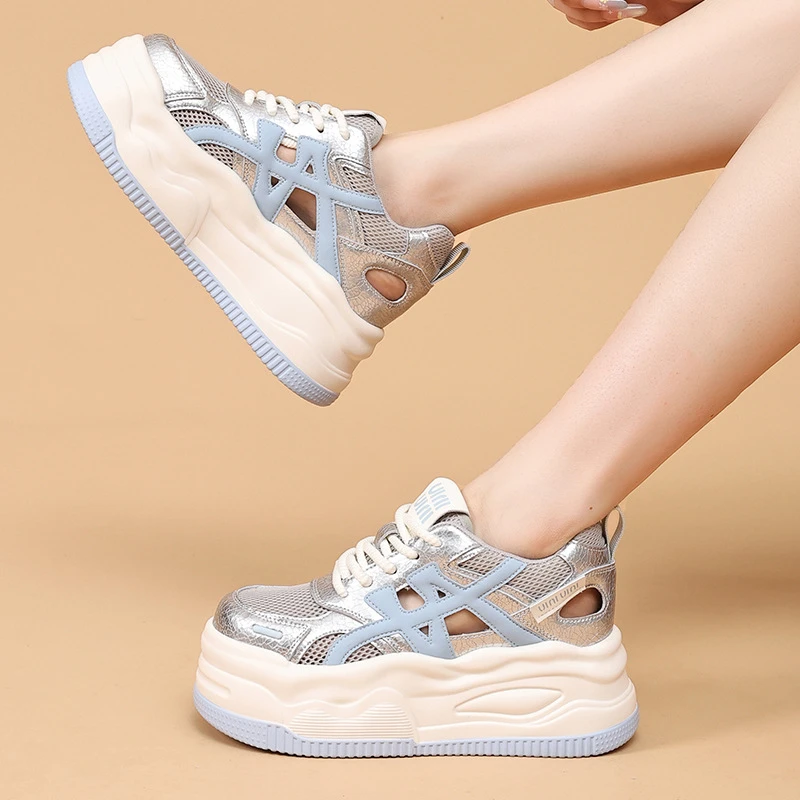 Women 2026 Spring Summer Mesh Hollow Out Platform Sneakers Multi Colors Thick Bottom Lace Up Casual Sport Shoe Elevator Footwear