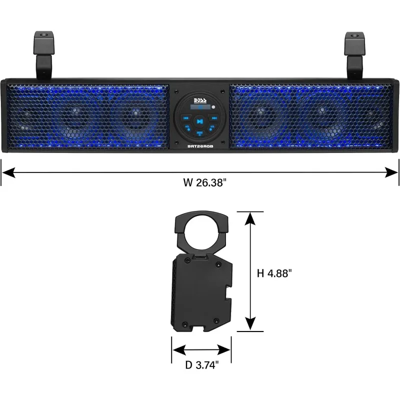 Audio Systems BRT26RGB ATV UTV Sound Bar - 26 polegadas de largura, alto-falantes de 4 polegadas, pinças de 1 polegada, IPX5 à prova de intempéries, Bluetooth,