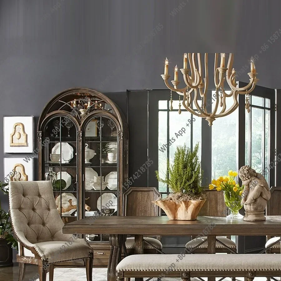 N65 American solid wood two-door bookcase floor-to-ceiling arched glass door home living room wine cabinet wall-standing cabine
