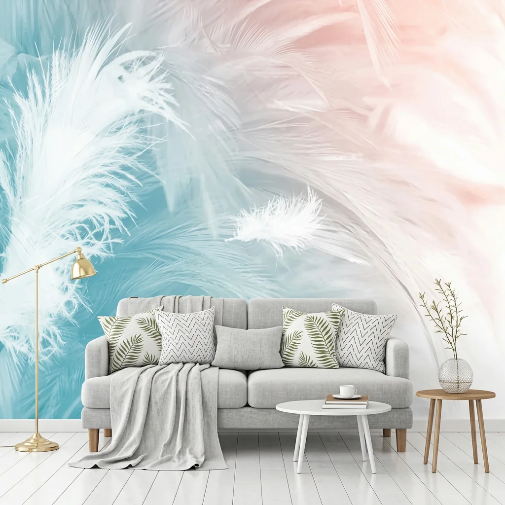 Simple and beautiful feather pattern custom mural, removable custom adhesive material for bedroom and living room.