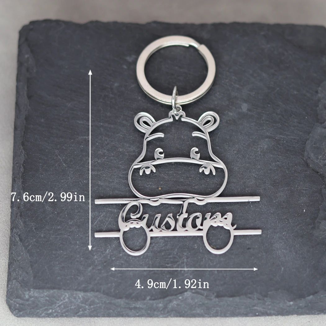 Custom Name Keychain Wild Animal Hippo Stainless Steel Jewelry Personalized Men Women Car Keyring Trendy Souvenir Gift