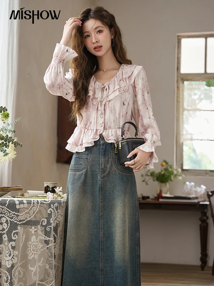 MISHOW Ruffled Double-layer Collar Blouses for Women Spring 2024 V-neck Halo Dyeing Chiffon Loose Flared Sleeve Top MXD11X1327