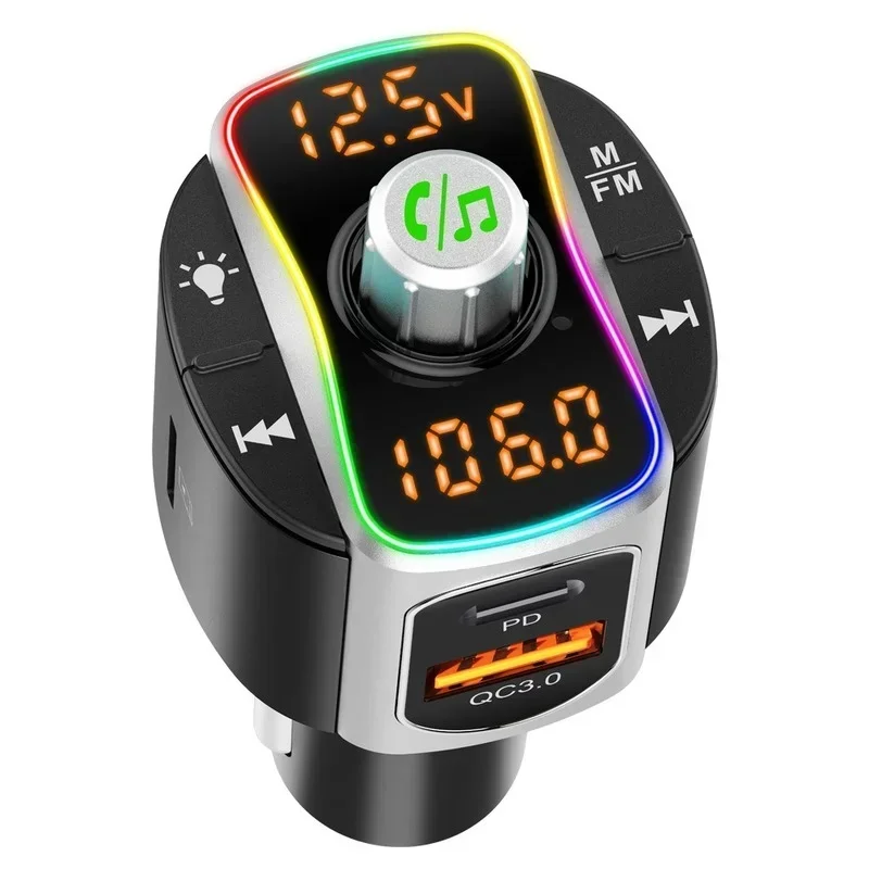 Bluetooth 5.0 MP3 Audio Player QC3.0+PD Fast Charging Wireless Handsfree Car Kit with LED Backlit Car FM Transmitter
